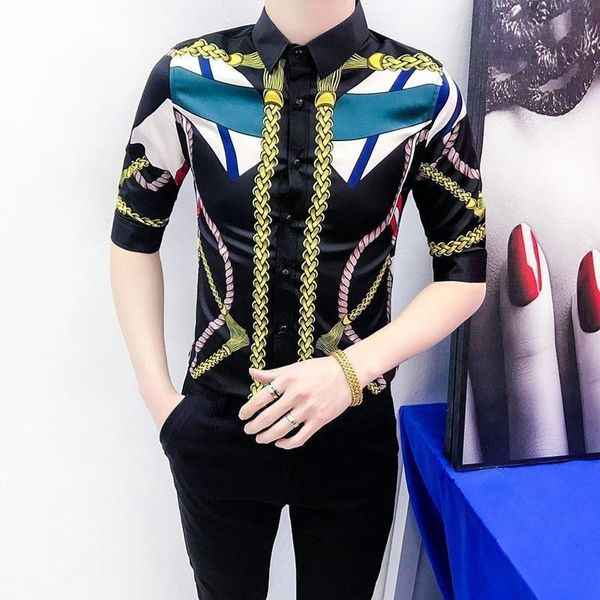 

men's casual shirts 2021 thin korean stylist shirt seven-point sleeve handsome slim inch fashion flower, White;black