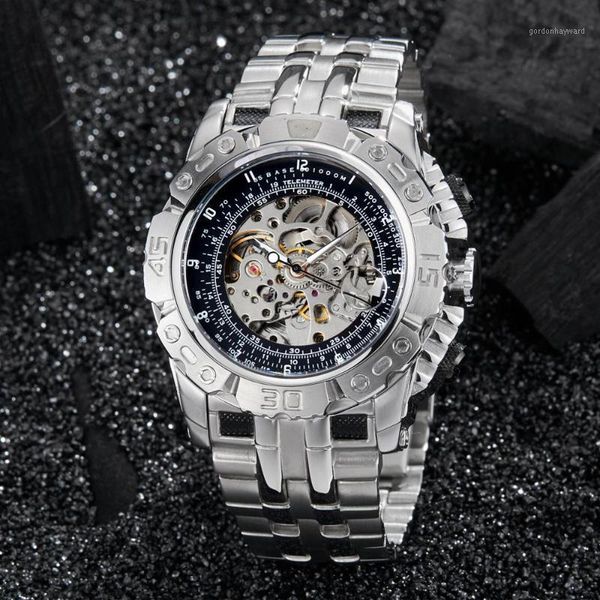 

creative automatic self winding mechanical watch men luxury gold stainless steel male business wristwatch relogio masculine wristwatches, Slivery;brown