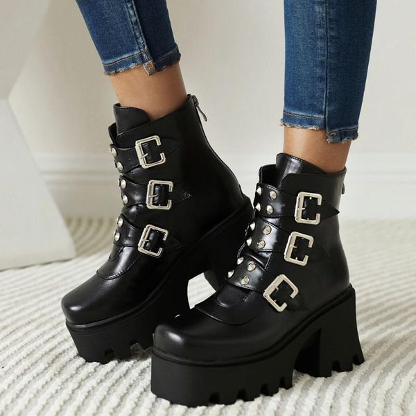 

boots gigifox plus size 46 high heels chunky heeled platform black gothic rivets punk cool ankle winter shoes woman