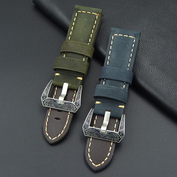 

watch bands 22 24mm genuine leather watchband with stainless steel fashion buckle for pam handmade wristband, Black;brown