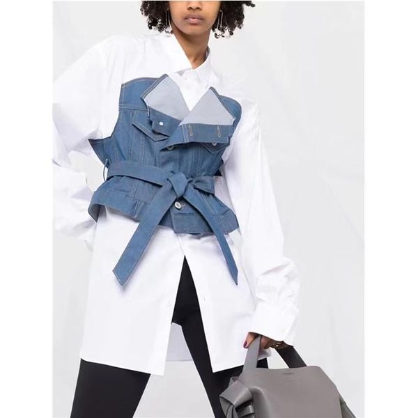 

casual dresses fashion denim patchwork white shirt dress women 2021 spring autumn elegant long sleeve mini cotton female, Black;gray