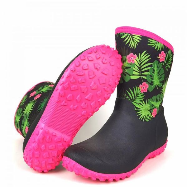 

boots flower rubber shoes women mid calf waterproof 2021 autumn female fashion rainboots water for, Black