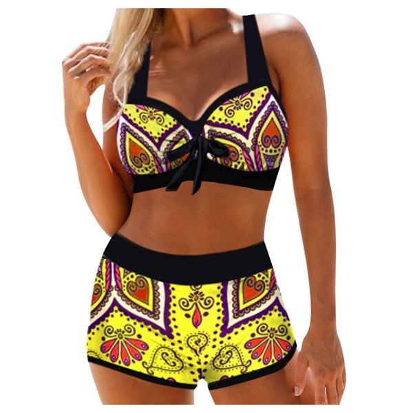

one-piece suits summer women boho print two-piece bikini padded backless bra high waist shorts swimsuit beachwear swimwear plus size #g1
