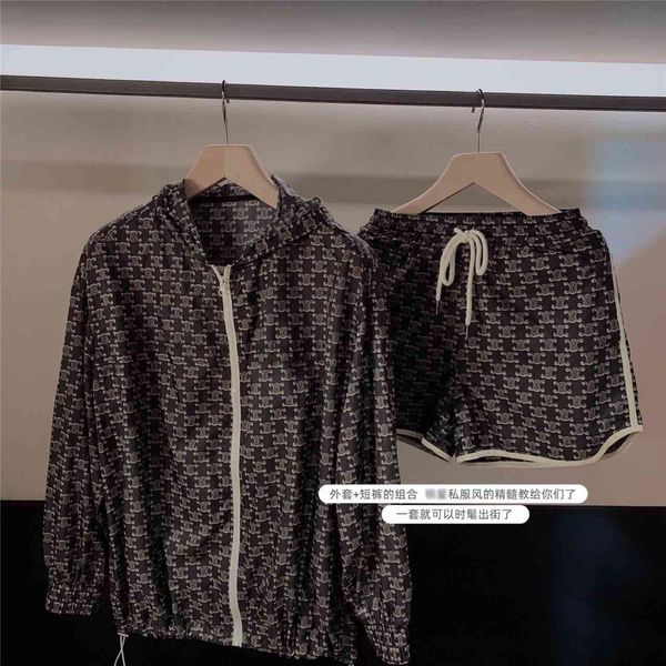 

jacket ce home shorts two-piece set thin 2021 summer hooded coat leisure fashion long sleeve sunscreen suit, Black;brown