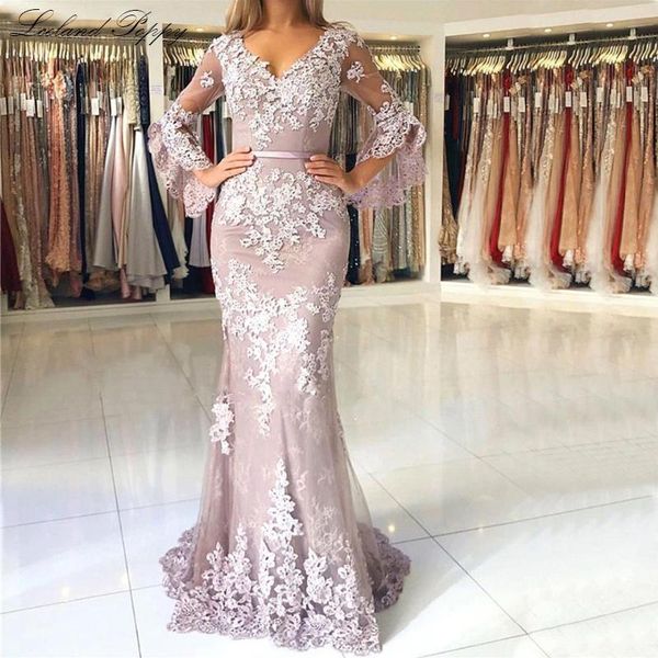 

party dresses elegant women's mermaid lace evening v-neck long sleeves floor length appliques formal gowns sweep train, White;black