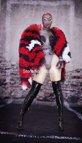 

new fashion mesh lace short loose jacket coat streetwear women stage wear nightclub outfit female dance costume plus size, Black;red