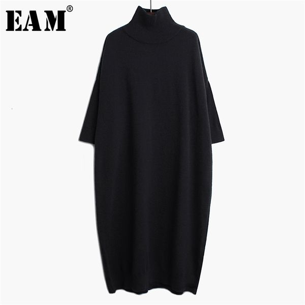 

[eam] women black long big size knitting dress new high collar long sleeve loose fit fashion tide spring autumn 1k122 210303, Black;gray