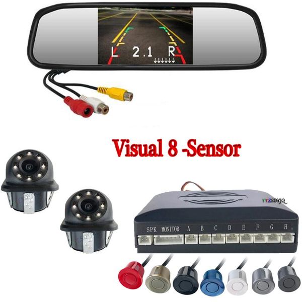 

car rear view cameras& parking sensors 4.3" rearview mirror monitor 2x 20mm ccd front/ camera dual video visual 8-sensor radar system