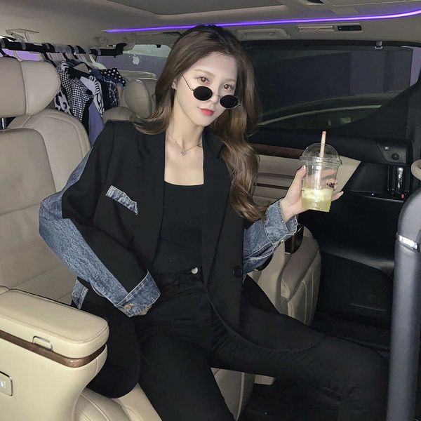 

spring and autumn retro denim stitching design sense net red small suit women loose mid-length temperament jacket 210930, White;black