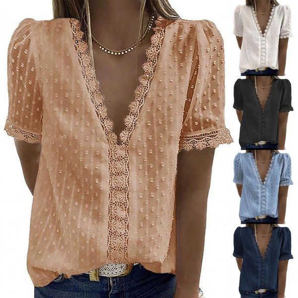 

women's blouses & shirts summer women chiffon 2021 elegant v neck short sleeve blouse hollow out lace ladies solid woman shirt, White