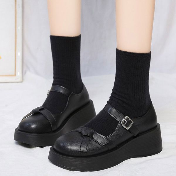 

lolita shoes platform mary janes shoes buckle wedges girls shoes thick sole leather women retro black autumn spring 8804n, Black;white