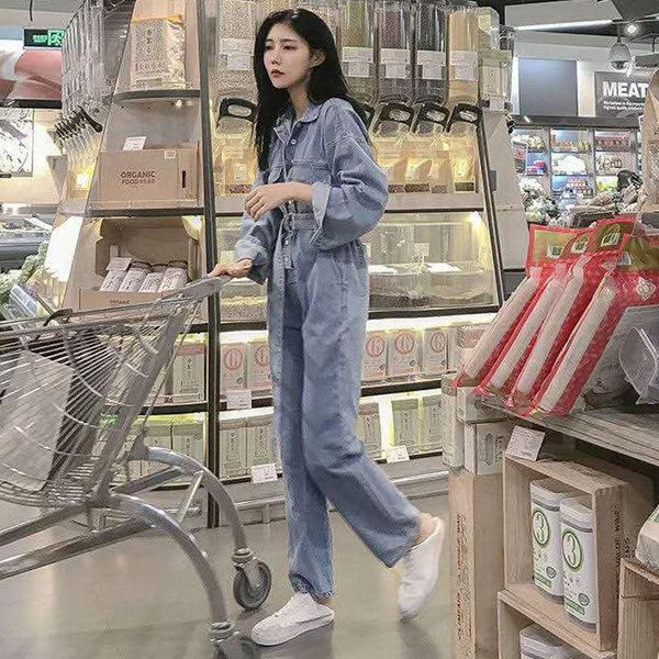 

women's jumpsuits & rompers 2021 women autumn high waist streetwear jeans jumpsuit ladies denim romper female long sleeve single breast, Black;white