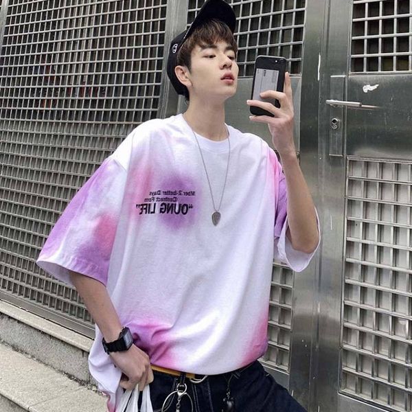 

2021 new fashion oversize t-shirt hip hop gradient tie-dye trend ins couple short sleeved tshirt streetwear male japan girls qr2b, White;black