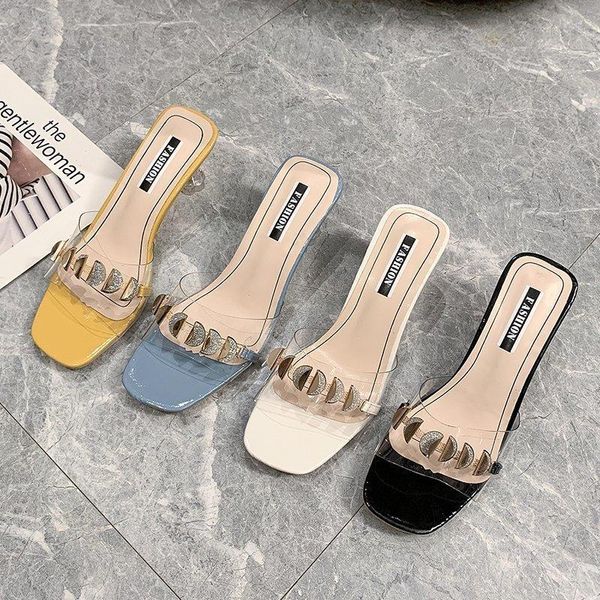 

slippers wohdhe women's 2021 transparent crystal high heels summer women sandals peep toe woman shoes brown black