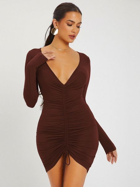 

ruched drawstring knot bodycon dress k7et#, Black;gray