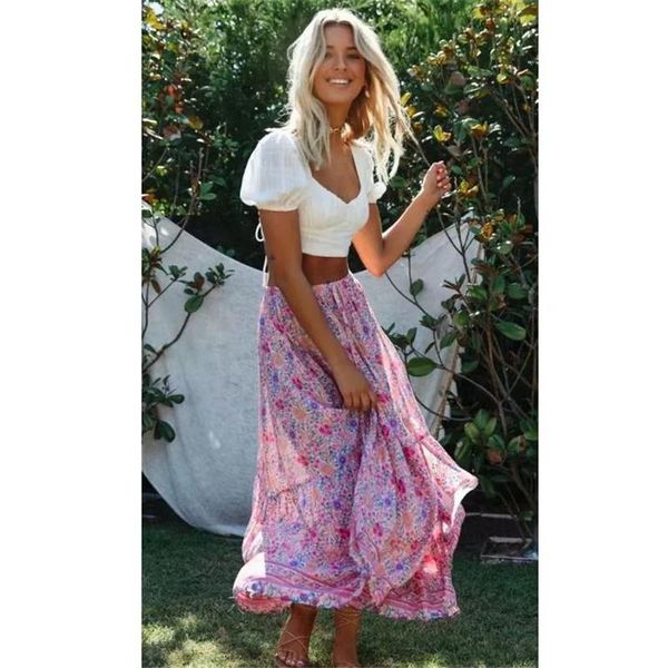 

skirts 2021 women floral print skirt summer high waist woman beach wear casual womens streetwear maxi long, Black