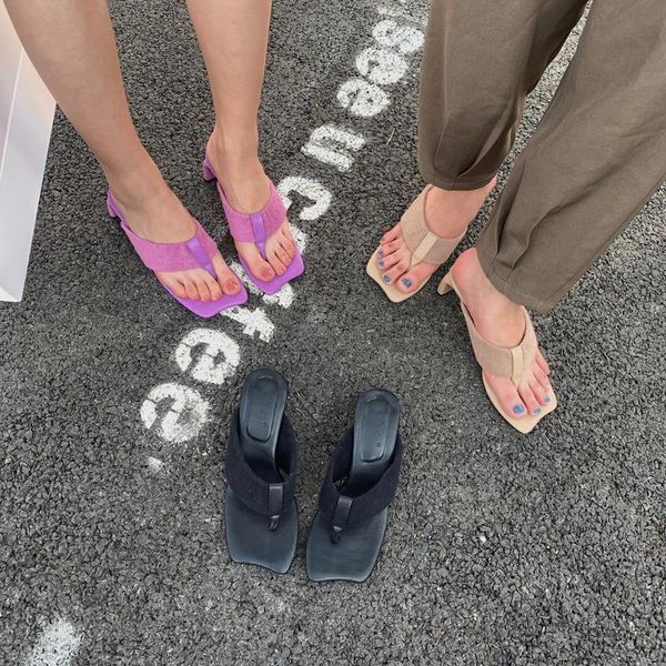 

slippers women 2021 summer clip toe slides slip on thick mid heels purple beige black outdoor mules beach shoes fashion