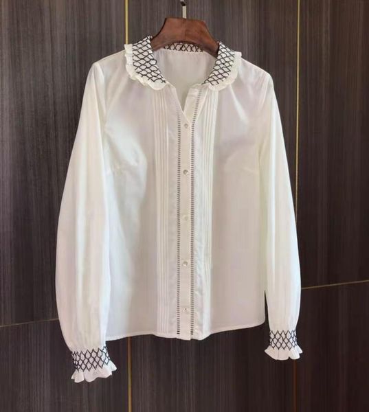 

black and white contrast grid jacquard women shirt long sleeve retro lady blouse
