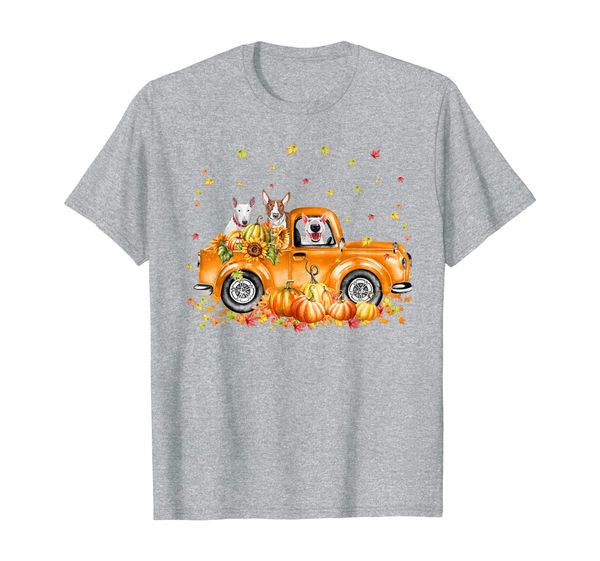 

bull terrier riding truck pumpkin autumn leaves fall t-shirt, White;black
