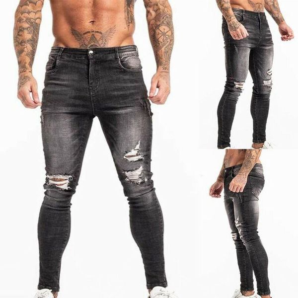 

men's jeans black ripped long pants distressed denim slim work casual trousers grey skinny men, Blue