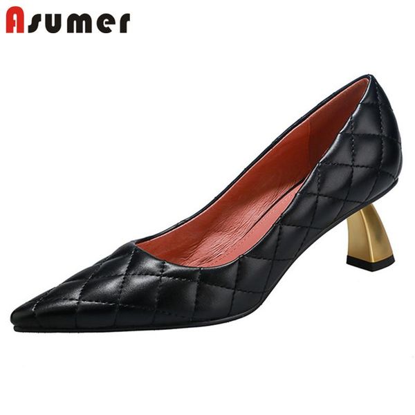 

asumer 2021 newe arrive women pumps genuine leather shoes sewing simple high heels dress office shoes ladies single, Black
