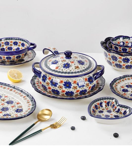 

dishes & plates poland retro ceramic dinner set with 2l soup pot binaural noodle bowl handpainted butterfly blue 11inch deep fish plate
