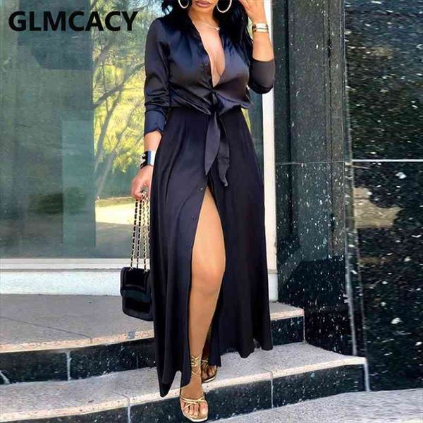 

long sleeve v neck slit womens dresses satin elegant evening party maxi, Black;gray