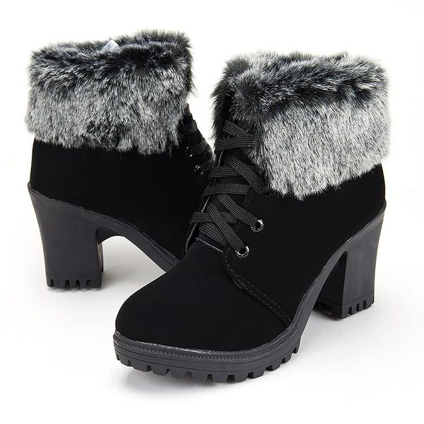 

boots fashion ankle women shoes platform high heels ladies footwear 2021 solid lace-up snow zapatos de mujer, Black
