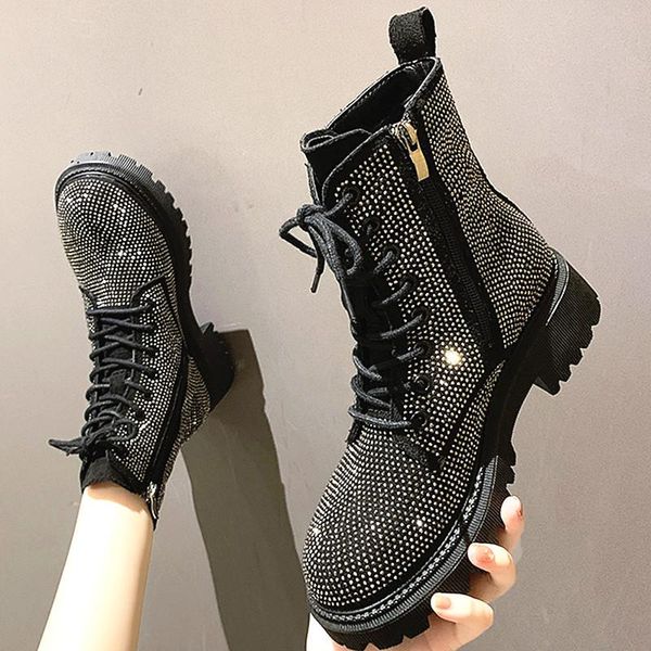 

boots women's ankle crystal chunky heels lace up women winter shoes fashion cool street style short footwear, Black