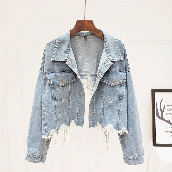 

women's jackets hip hop women short denim jacket back hollow out diamonds tassels coat ripped batwing sleeve high streetwear loose fit, Black;brown