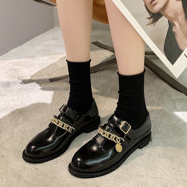 

2021 new fashion metal chain mary janes women buckle patent leather pumps woman black round toe low heel shoes ladies cni9