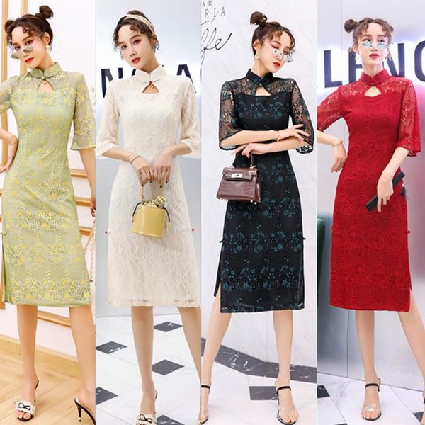 

lace cheongsam asian clothing qipao evening dress for ladies, Red