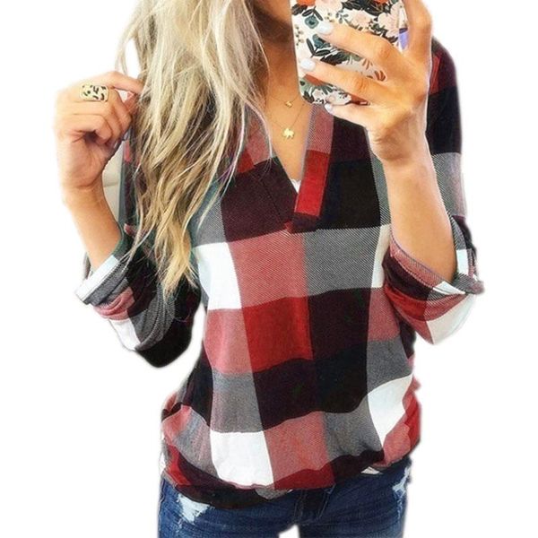 

women's t-shirt long sleeve t shirt women plaid v-neck autumn spring oversized loose plus size overalls ladies tee casual tshirt 2021, White