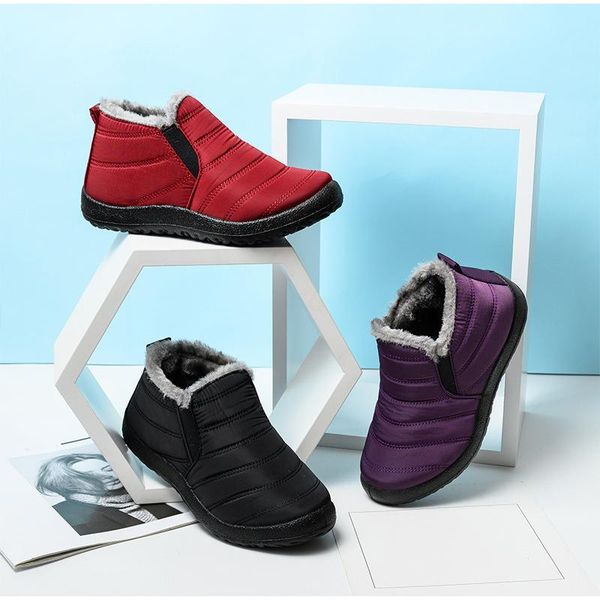 

boots snow women shoes warm plush fur ankle winter female slip on flat casual waterproof ultralight footwear, Black