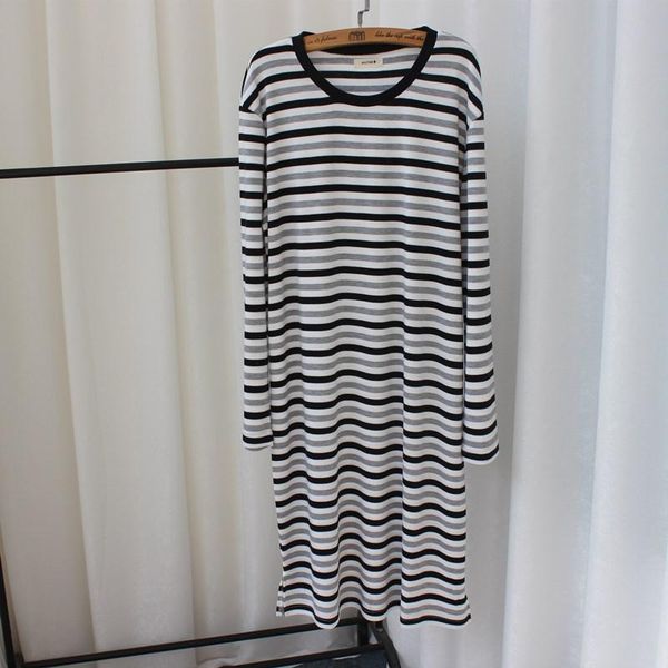 

women's t-shirt 2021 horizontal stripe long sleeve t shirt autumn wear korean version loose large medium collar skirt, White