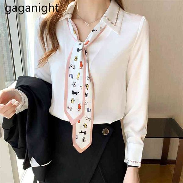 

long sleeve women chiffon shirt ol elegant spring formal blouse fashion outwear print tie v neck blusas 210601, White