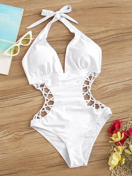

cutout waist halter one piece swimsuit u2jq#, White;black