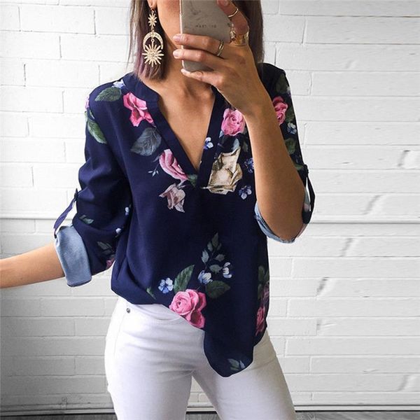 

women blouses new 3/4 sleeve v neck floral shirts ladies summer casual printing blouse shirt femmes blouses women costume, White
