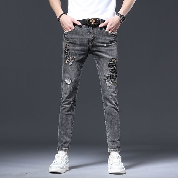 

cropped jeans mens summer black gray youth trend hole embroidery drilling fashion slim elastic leggings pants, Blue