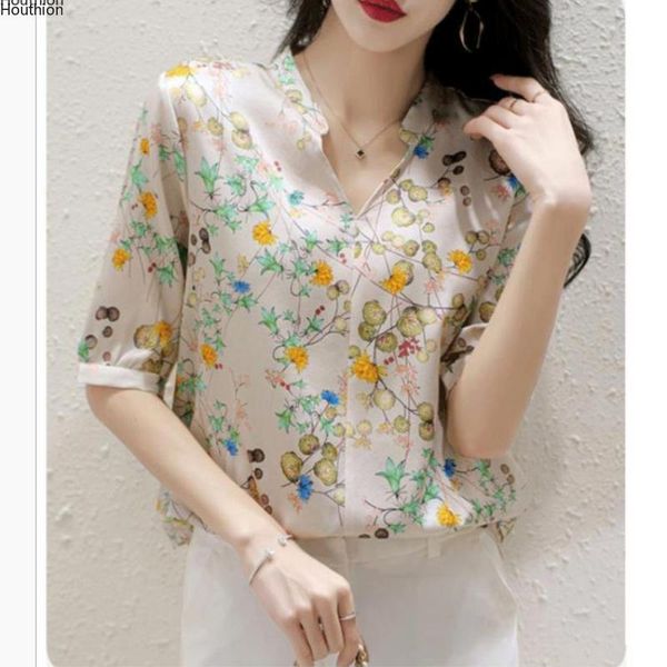 

women's blouses & shirts houthion fashion short sleeve flowers v-neck pullover summer casual blouse silk satin loose, White