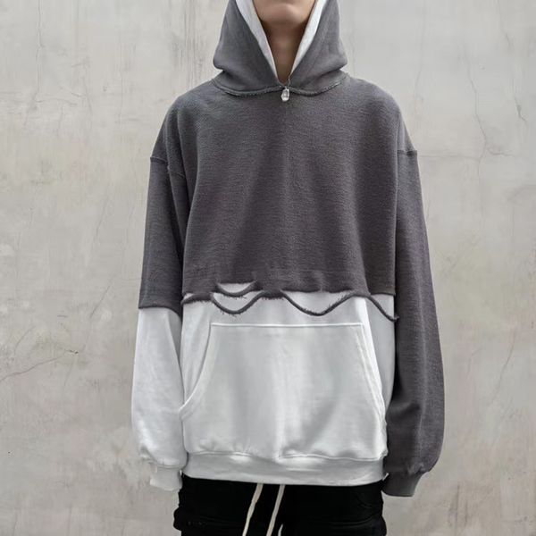 

2021 new alta rua duplo chapu costura buracos falso dois pedao hoodies dos homens oversize pulver bloco de cor solto casual moletom 8s97, Black