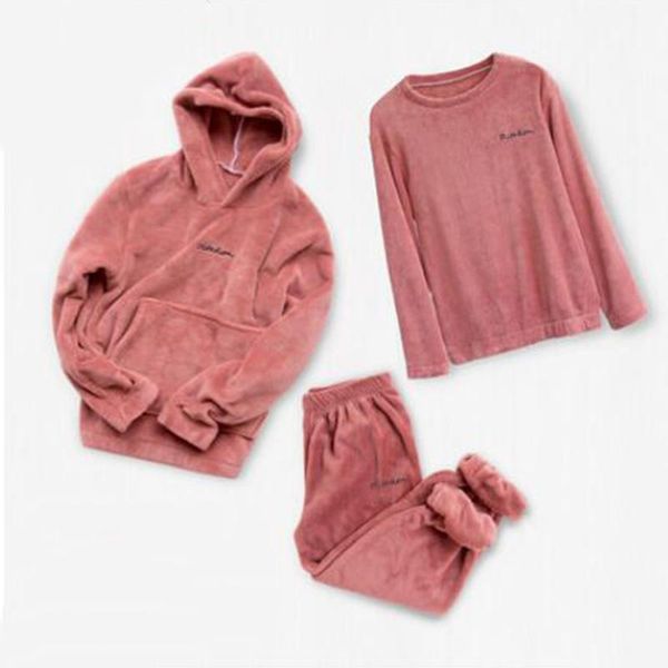 

3 piece set women warm joggers tracksuit pants pajamas warm fleece plus velvet sleepwear casual autumn winter nightgown, White