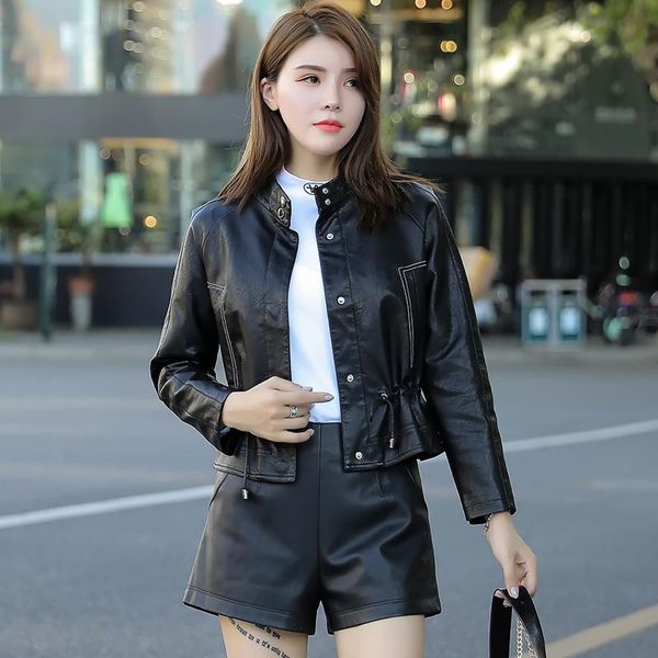 

women's jackets jacket women spring and autumn leather short small stand-up collar drawstring waist skirt slim slimming top, Black;brown