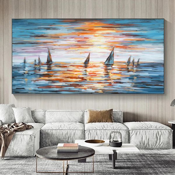 Segelboot-Ölgemälde, gedruckt auf Leinwand, Wandkunst für Wohnzimmer, moderne Heimdekoration, Sonnenuntergang, Meereslandschaft, Landschaftsmalerei, bunt