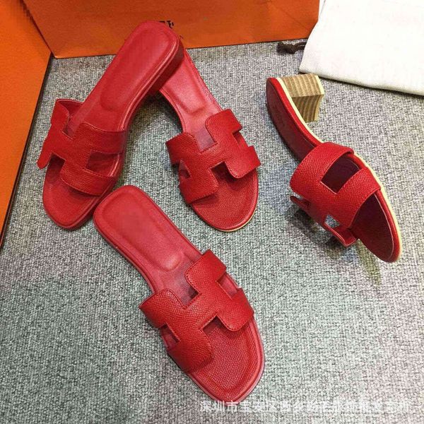 

slipper new h family slippers women's leather one line middle heel slippers leisure fashion h cool slippers beach slipperszly, Black