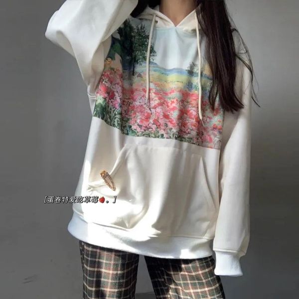 

women's hoodies & sweatshirts harajuku aesthetic art flower field vintage painting oversize hooded preppy style fun korean y2k streetwe, Black