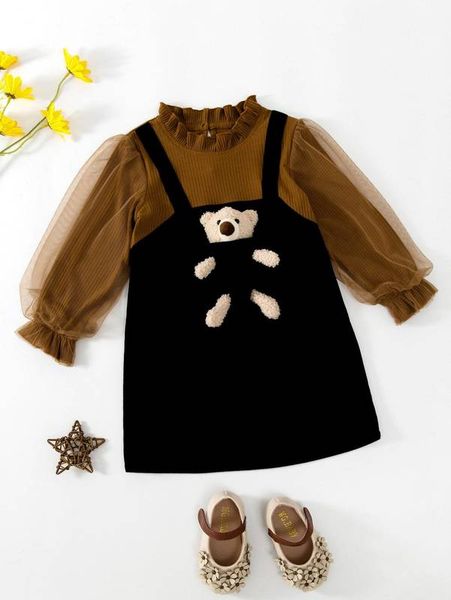 

toddler girls pocket front bear patched mesh panel dress she, Red;yellow