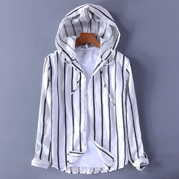 

2021 new design men's hooded cotton and linen casual striped loose fashion trend mens shirt stripe brand shirts men camisa sz3v, White