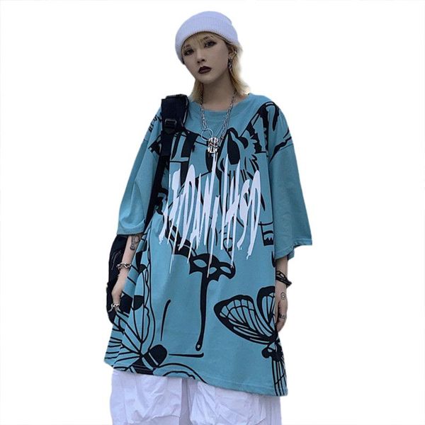 

women's t-shirt hip hop medium length tees letter butterfly print tshirt summer loose short sleeve round neck street dress ts042, White