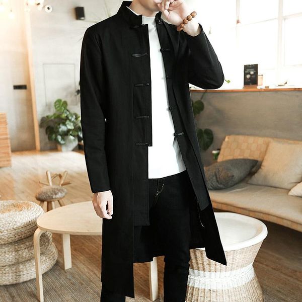 

men's trench coats 2021 men vintage cotton linen hanfu fake 2 pieces cardigan kimono coat male long chinese style black windbreaker 5xl, Tan;black